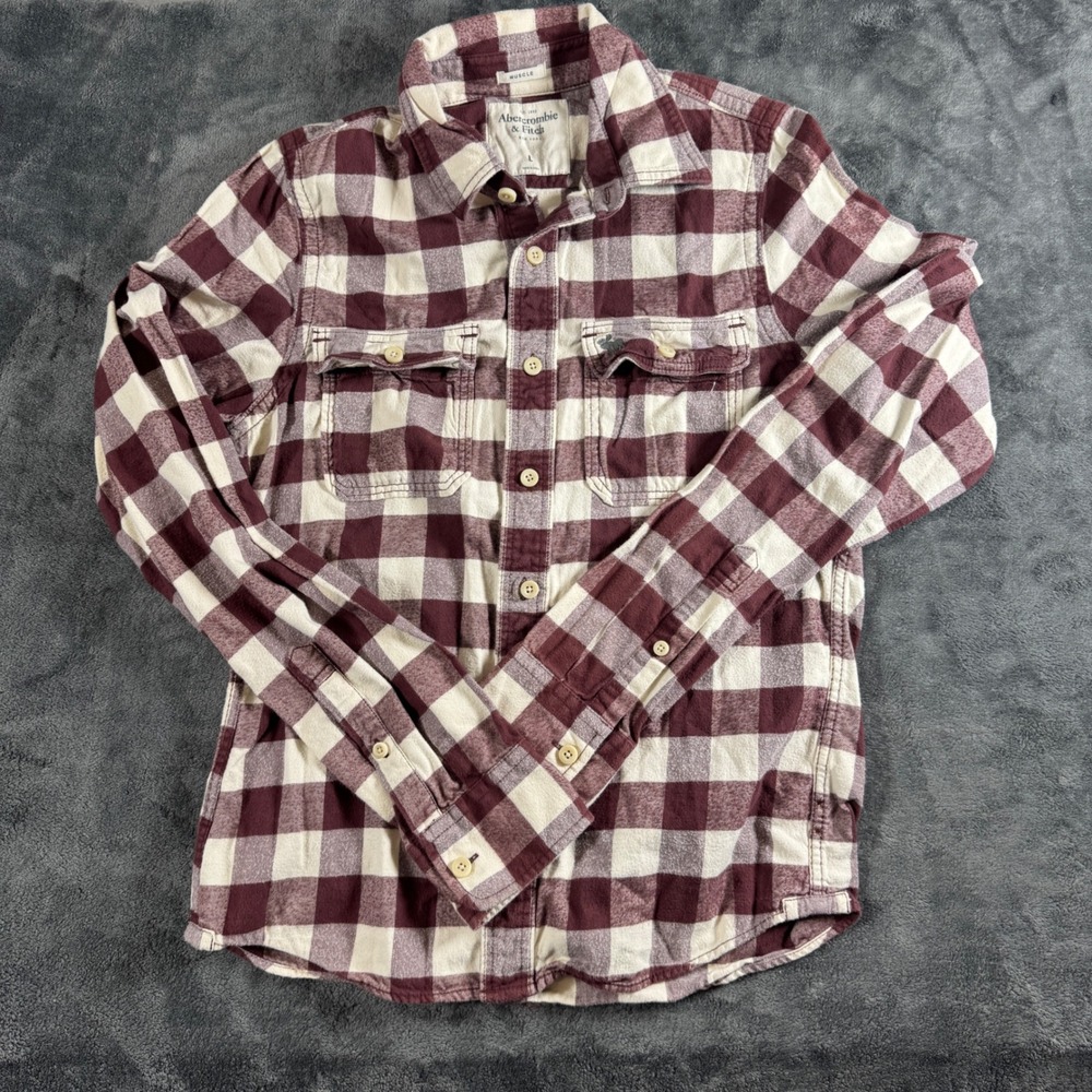 Abercrombie & Fitch Mens Muscle Fit Flannel Shirt Large Burgundy Buffalo Check